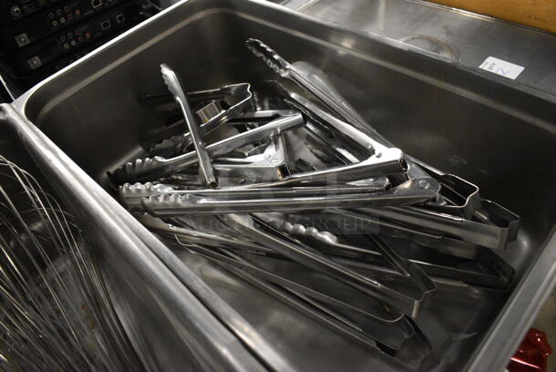 ALL ONE MONEY! Lot of Various Metal Tongs in Stainless Steel Bin! 13x21x6 - Image 2 of 4