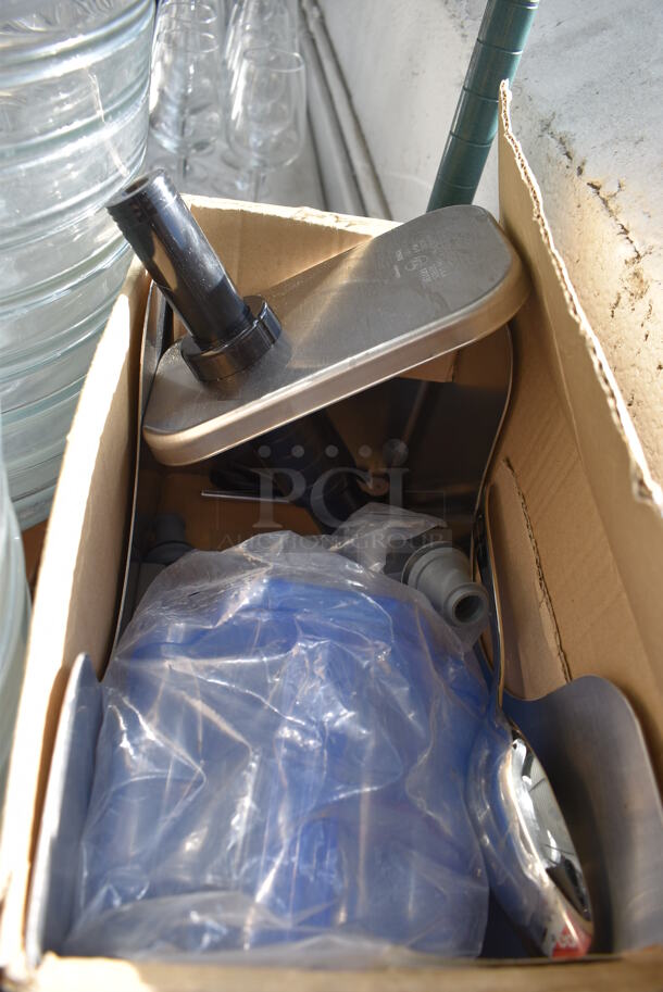 ALL ONE MONEY! Lot of Green Finish 5 Tier Shelving Unit on Commercial Casters w/ Contents Including Glass Bottles, Glass Bowls, Metal Baskets, Ceramic Bowl, Fabric, Decaf Coffee Blend. BUYER MUST DISMANTLE. PCI CANNOT DISMANTLE FOR SHIPPING. PLEASE CONSIDER FREIGHT CHARGES. 36x18x92 - Image 8 of 12