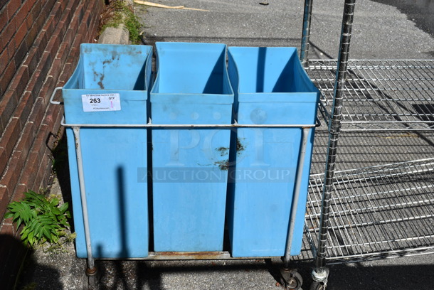 Metal Frame on Commercial Casters w/ 3 Blue Poly Ingredient Bins. 34x16x28