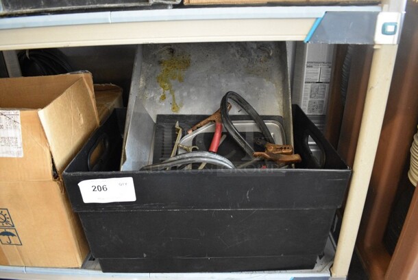 ALL ONE MONEY! Lot of Various Items Including Metal Baking Pan and Jumper Cables In Black Poly Bin. 21x15x11.