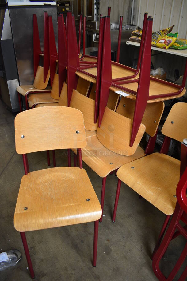 4 Wood Pattern Chairs w/ Red Metal Frame. 16x19x33. 4 Times Your Bid! - Image 3 of 3