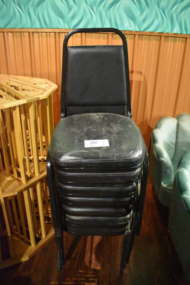 7 Black Metal Stackable Banquet Chairs w/ Black Seat Cushions. 18x21x36. 7 Times Your Bid! (lounge)