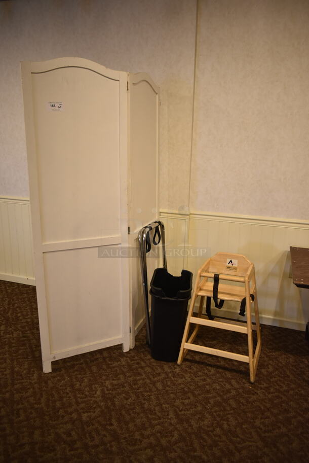 ALL ONE MONEY! Lot of Various Items Including High Chair, Serving Tray Stand, Partition and Trash Can. (ballroom #2) - Image 1 of 4