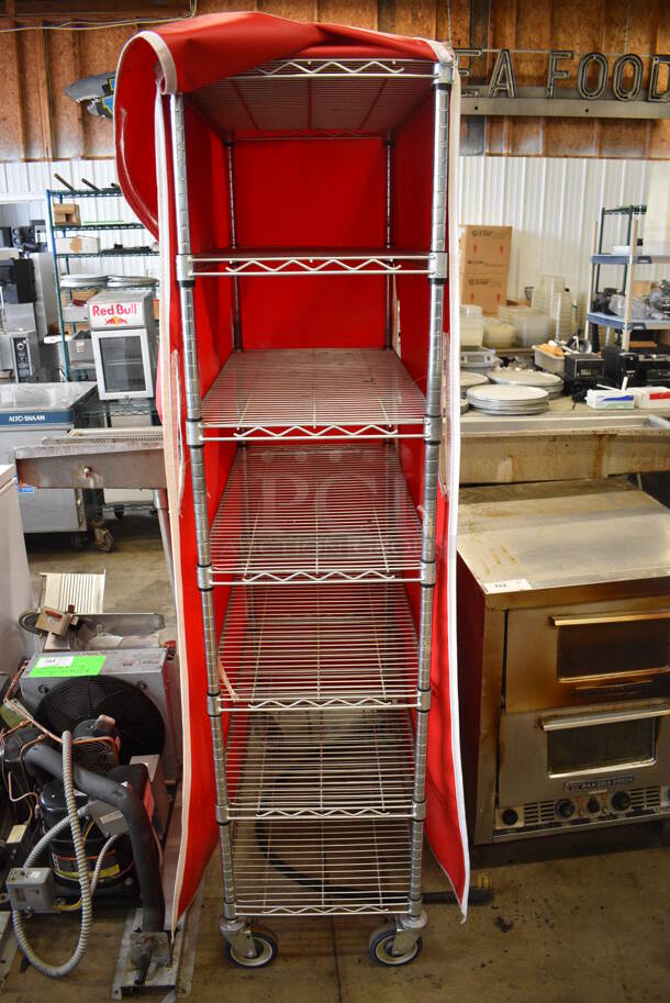 Chrome Finish 7 Tier Shelving Unit w/ Red Cover on Commercial Casters. BUYER MUST DISMANTLE. PCI CANNOT DISMANTLE FOR SHIPPING. PLEASE CONSIDER FREIGHT CHARGES. 18x36x76