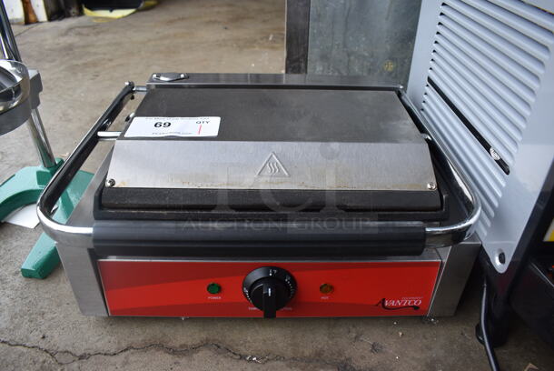 LIKE NEW! Avantco 177P70S Stainless Steel Commercial Countertop Panini Press Sandwich Grill. Unit Was Used a Few Times at a Trade Show as a Demonstration. 120 Volts, 1 Phase. 17x14x8. Tested and Working! - Image 1 of 5