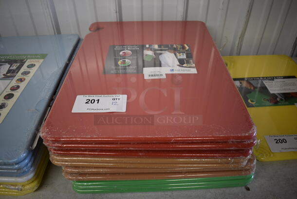 12 BRAND NEW! San Jamar Cutting Boards; 4 Red, 4 Tan and 4 Green. 15x20x1. 12 Times Your Bid!