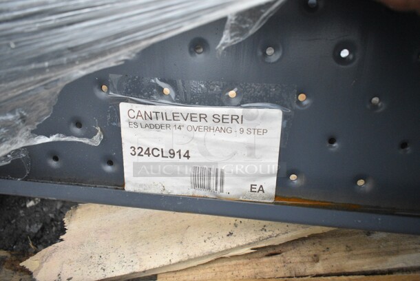 BRAND NEW SCRATCH AND DENT! Ballymore 324CL914 CL-9-14 Perforated 9-Step Heavy-Duty Steel Rolling Cantilever Ladder with 90" Platform Height, 14" Overhang, and 87" Vertical Clearance. May Be Missing Pieces.  - Image 7 of 7