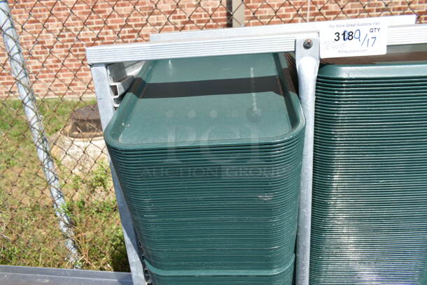 Metal Pan Transport Rack on Commercial Casters w/ Approximately 220 Green Poly Trays.  - Image 4 of 5