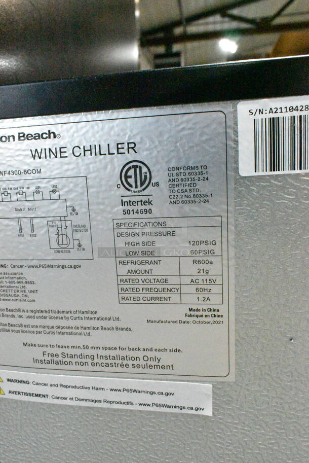 BRAND NEW SCRATCH AND DENT! Hamilton Beach HBWF4300-6COM Stainless Steel 43-Bottle Wine Cooler Fridge Cellar with Wooden Shelves, Digital Control, Mirror Finish. 115 Volts, 1 Phase. Tested and Working! - Image 9 of 9