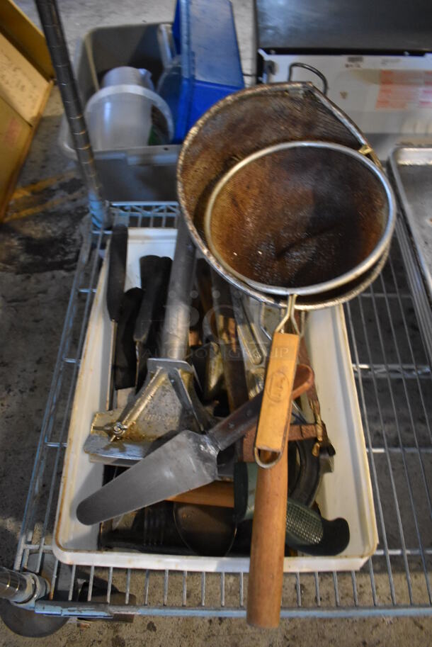 ALL ONE MONEY! Lot of Various Utensils Including Scraper, Lifters and Knives in Poly Bin