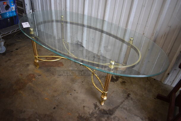 Gold Colored Metal Coffee Table w/ Glass Oval Tabletop. 50x26x16 - Image 2 of 3