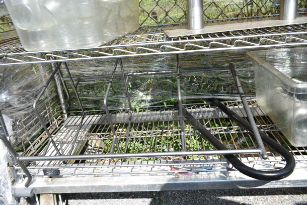 Chrome Finish 5 Tier Shelving Unit w/ Contents Including Blue Silverware Caddies, China Cap Strainers. BUYER MUST DISMANTLE. PCI CANNOT DISMANTLE FOR SHIPPING. PLEASE CONSIDER FREIGHT CHARGES.  - Image 11 of 12