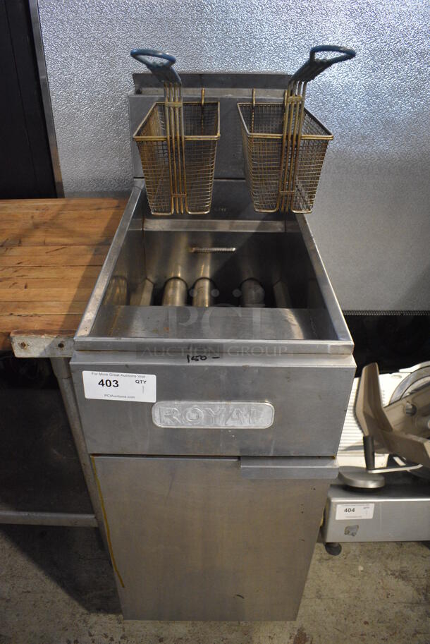 Royal Stainless Steel Commercial Floor Style Gas Powered Deep Fat Fryer w/ 2 Metal Fry Baskets. 15.5x31x46