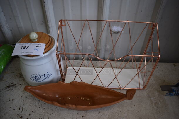 ALL ONE MONEY! Lot of 3 Various Items; Flour Jar, Copper Finish Basket and Wood Pattern Decorative Boat. Includes 13x4x9 - Image 3 of 3