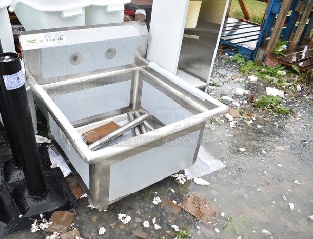 BRAND NEW SCRATCH AND DENT! Regency 600S12323 28" 16-Gauge Stainless Steel One Compartment Commercial Sink with Galvanized Steel Legs and without Drainboard - 23" x 23" x 12" Bowl - Image 3 of 6