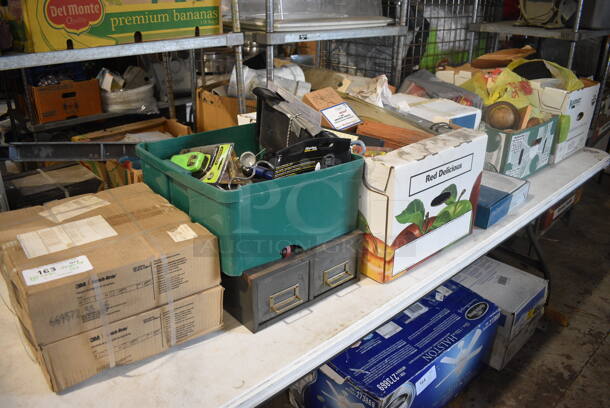ALL ONE MONEY! Lot of Items On Table Including 3M Scotch Brite Tape, Frames and Tools. Does Not Include Table. 96x30