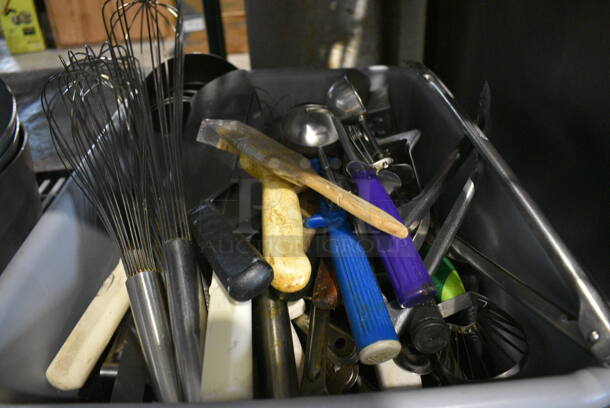 ALL ONE MONEY! Lot of Various Metal Utensils in Gray Poly Bus Bin.  - Image 2 of 4