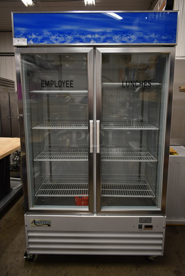 LIKE NEW! Avantco 178GDC40 Metal Commercial 2 Door Reach In Cooler Merchandiser w/ Poly Coated Racks on Commercial Casters. 115 Volts, 1 Phase. Tested and Working!