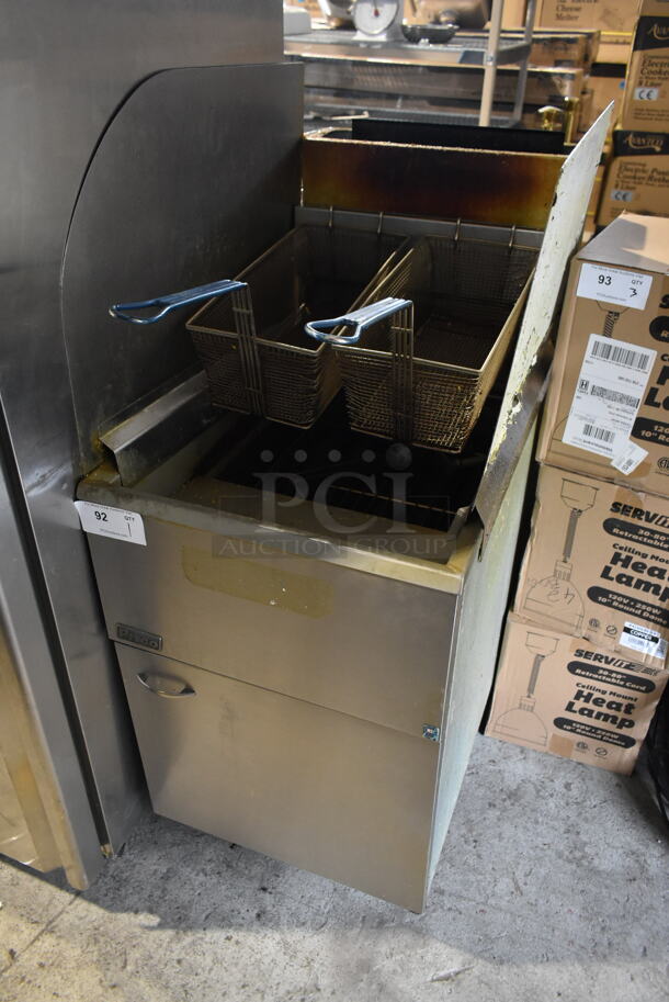 2019 Pitco Frialator 65C Stainless Steel Commercial Floor Style Natural Gas Powered 65 Pound Capacity Deep Fat Fryer w/ 2 Metal Fry Baskets and Side Splash Guard. 150,000 BTU. - Image 1 of 6