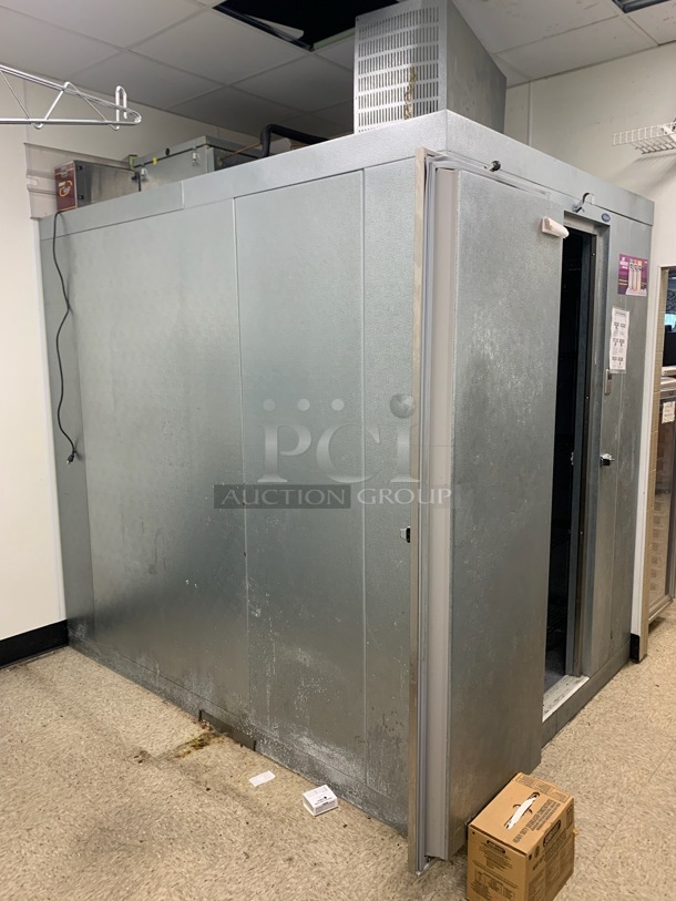 Norlake 6'x8'x7.5' SELF CONTAINED Walk In Cooler Box w/ Floor, Copeland Model RST64C1E-CAV-108 Compressor and Norlake Model CPB075DC-A Condenser. Picture of the Unit Before Removal Is Included In the Listing. 208-230 Volts, 1 Phase.