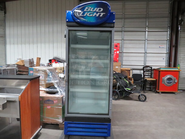 One Glass Door Bud Light Refrigerator With 3 Shelves. Model# CVZ-19. 120 Volt. 32X29X88