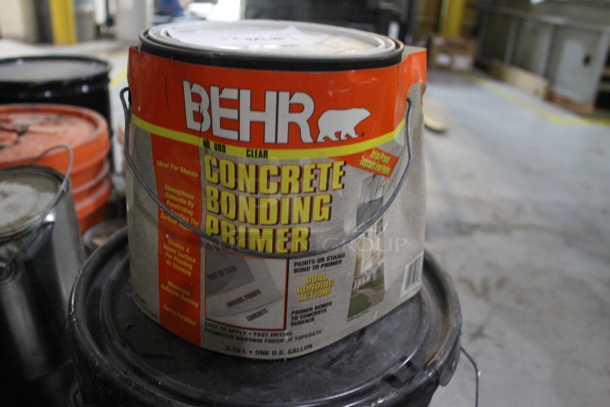 ALL ONE MONEY! PALLET LOT of Buckets; Moisture Cure Primer Clear Blue, Light Organic Yellow, Behr Concrete Bonding Primer. BUYER MUST REMOVE. - Image 7 of 8