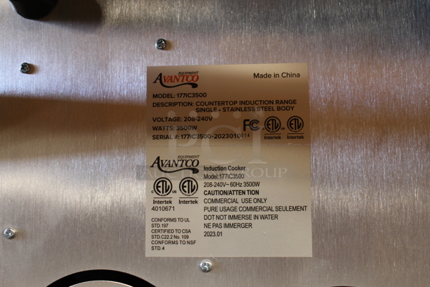 BRAND NEW SCRATCH AND DENT! Avantco IC3500 Stainless Steel Commercial Countertop Single Burner Induction Range. 208-240 Volts, 1 Phase. Tested and Working! - Image 4 of 4