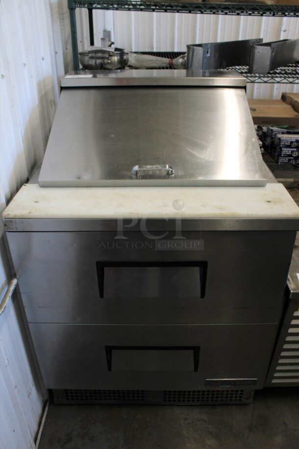 2017 True Model TFP-32-12M-D2 Stainless Steel Commercial Sandwich Salad Prep Table Bain Marie Mega Top w/ 2 Drawers on Commercial Casters. 115 Volts, 1 Phase. 32x32x47. Tested and Working!
