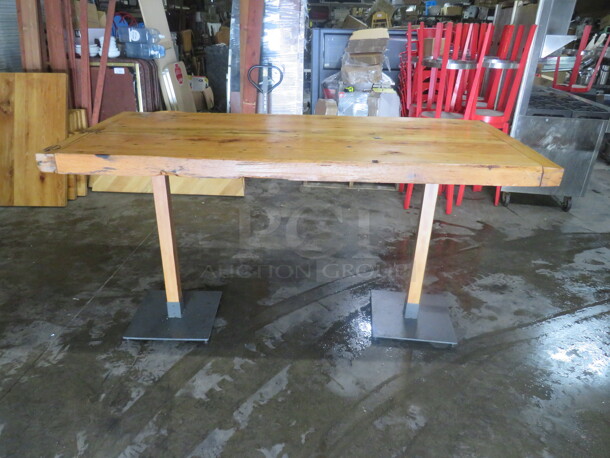 One AWESOME 3 Inch Thick Solid Wooden Table Top On Bar Height Dual Wooden/Metal Table Bases. 85.5X35X44 - Image 1 of 2
