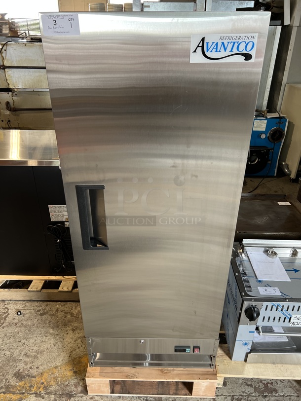BRAND NEW SCRATCH AND DENT! Avantco Model 178A12FHC Stainless Steel Commercial Single Door Reach In Freezer w/ Poly Coated Racks. 115 Volts, 1 Phase. 25x23.5x63. Tested and Working!