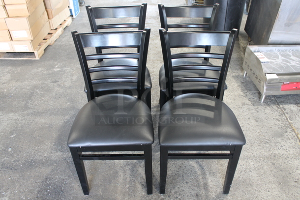 4 BRAND NEW SCRATCH AND DENT! Lancaster Table and Seating 164CWLBVBKAS Black Finish Wooden Ladder Back Dining Height Chair with 2 1/2" Black Padded Seat. 4 Times Your Bid! - Image 1 of 6