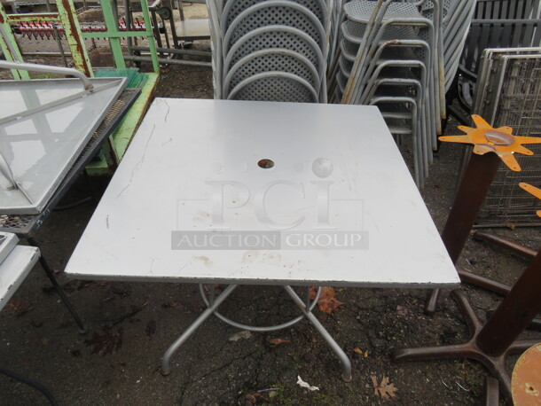 Gray Metal Patio Table With Umbrella Hole. 36X36X29 - Image 2 of 2