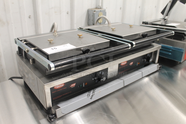 BRAND NEW SCRATCH AND DENT! Hatco MCG20G Stainless Steel Commercial Countertop Multi Contact Double Panini Sandwich Grill with Grooved Cast Iron Plates. 20" x 10 1/4" Cooking Surface. 240 Volts, 1 Phase.  - Image 2 of 7