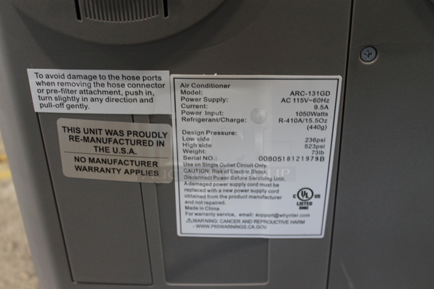 BRAND NEW SCRATCH AND DENT! Whynter ARC-131GD 13,000 BTU Portable Air Conditioner Dual Hose with Remote. 115 Volts, 1 Phase. Tested and Working! - Image 3 of 3
