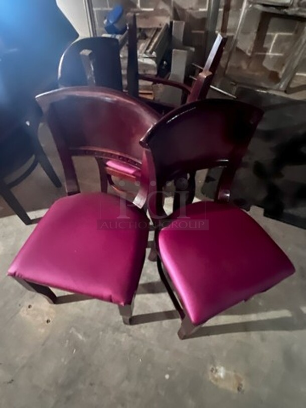 Four Wood Framed Chairs W/Maroon Seats 19X18X33. 4 Times Your Bid! 