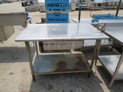 One Advance Tabco Stainless Steel Table With 10lb Can Opener With Under Shelf And 1 Drawer.  48X30X34