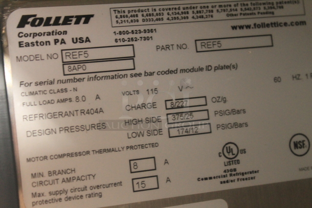 Follett REF5 Stainless Steel Commercial Single Door Cooler on Metal Commercial Pan Transport Rack. 115 Volts, 1 Phase. Tested and Working! - Image 7 of 7