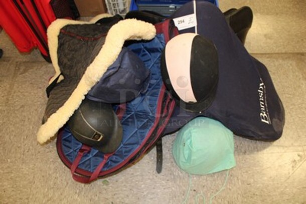 ALL ONE MONEY! Lot of Horse Riding Gear Including Samsfield Helmets, ASTM K-10 S/M Helmet, JRS 6 7/8 Helmet, Riding Helmet, 2 G.Passier & Son PS-Baum 17.5 Saddles, and Barnsby Saddle and Cover. 35x22x10, 30x22x10