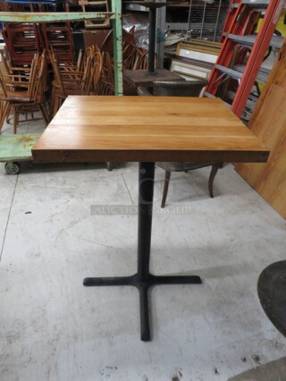 One 2 Inch Thick Solid Wood Butcher Block Table On A Bar Height Pedestal Base. 24X30X43