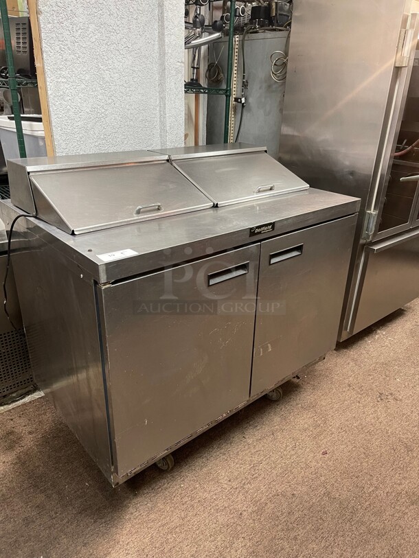 Delfield 4448NP-12 48 inch 2 Door Front Breathing Commercial Refrigerated Sandwich Prep Table with Casters 120 Volt NSF - Image 2 of 8