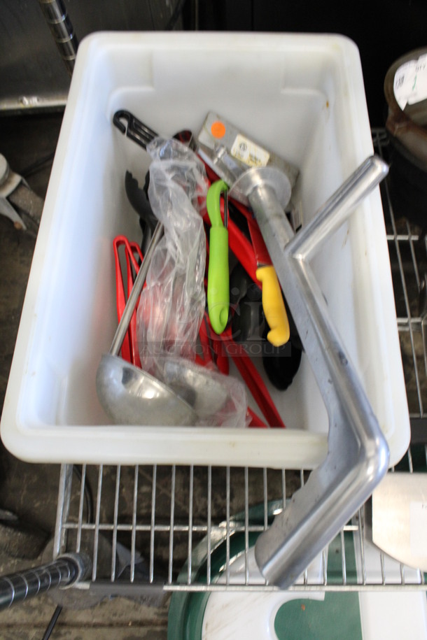 ALL ONE MONEY! Lot of Various Utensils Including Scraper, Ladles and Poly Tongs in White Poly Bin!
