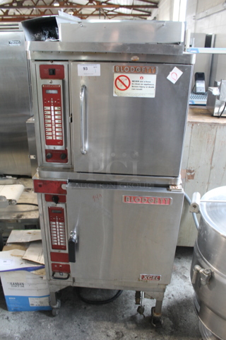 2 Blodgett Stainless Steel Commercial Half Size Convection Ovens w/ Solid Door on Commercial Casters. Bottom Unit is Model N 50C. 208 Volts, 3 Phase. 2 Times Your Bid!