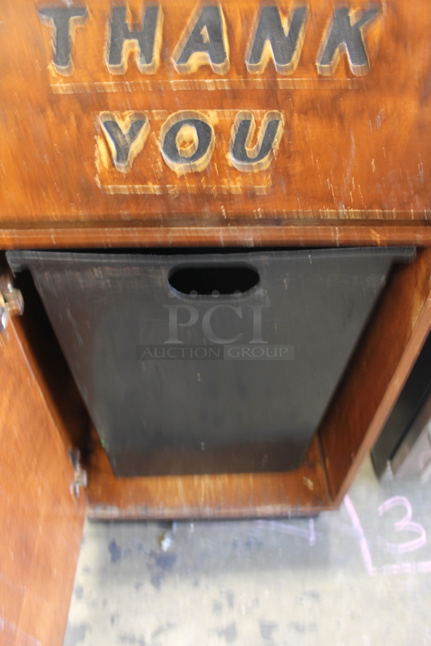 Wooden Trash Can Shell w/ Trash Flap, Door and Poly Trash Can. - Image 3 of 5