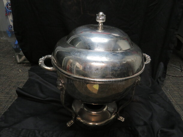 One Vintage Silver 13 Inch Round Chafer With Lid And Lions Head Legs. 