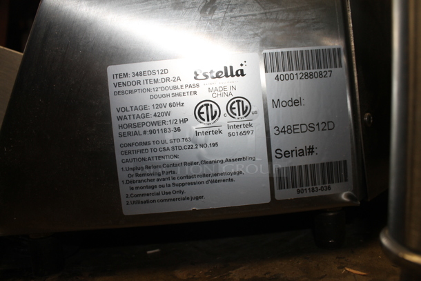BRAND NEW SCRATCH AND DENT! Estella 348EDS12D Stainless Steel Commercial Countertop 12" Double Pass Dough Sheeter. Stock Picture Used as Gallery. 120 Volts, 1 Phase. Tested and Working! - Image 10 of 10