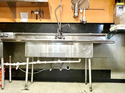 BEAUTIFUL!!  Regency Spec Line 88" 14 Gauge Stainless Steel Three Compartment Commercial Sink with 2 Drainboards On Legs With Adjustable Bullet Feet + Pre-Wash Unit. 88x25-1/2x45-3/8