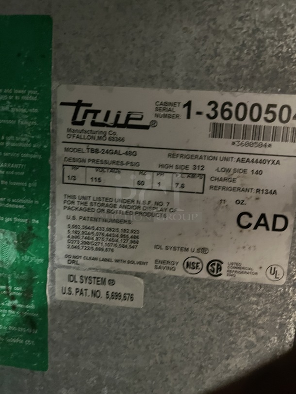 True 48" 2 Glass Dr. Bar Refrigerator, 115V, 1 Phase - Image 2 of 4