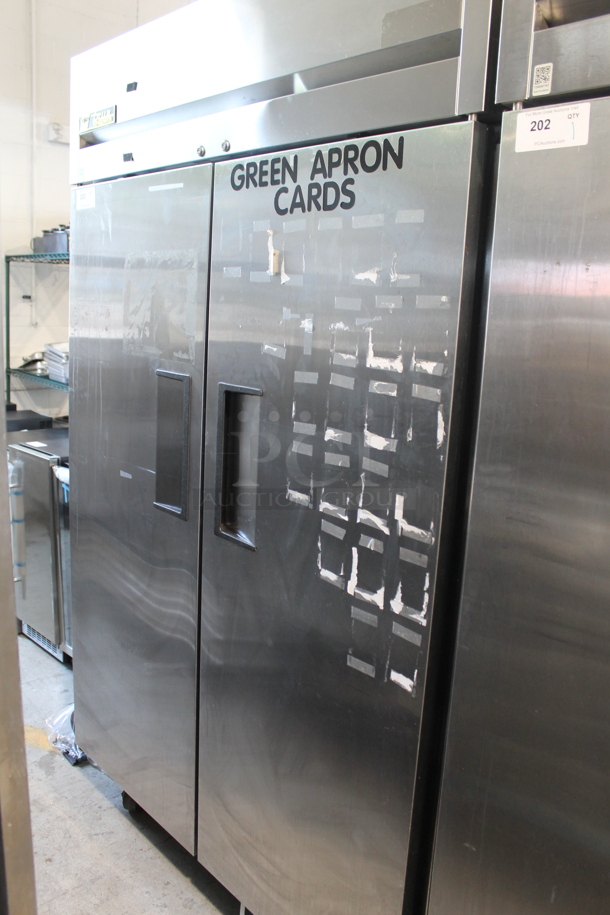 2015 True TG2R-2S ENERGY STAR Stainless Steel Commercial Two Door Reach In Cooler w/ Poly Coated Racks on Commercial Casters. 115 Volts, 1 Phase. Tested and Working! - Image 1 of 8