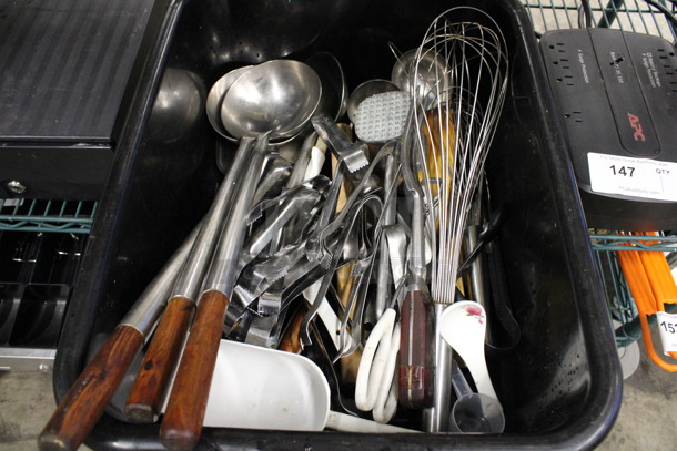 ALL ONE MONEY! Lot of Various Metal Utensils Including Whisk and Tongs In Black Poly Bus Bin!