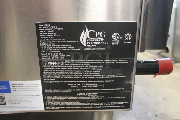 BRAND NEW SCRATCH AND DENT! CPG 351GTCPG Cooking Performance Group Commercial Stainless Steel Natural Gas 48" Countertop Griddle on Galvanized Legs. 120,000 BTU.   - Image 9 of 9
